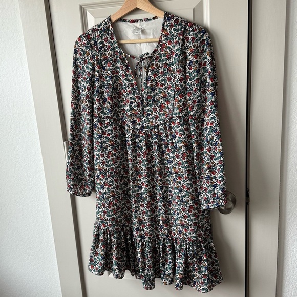 J.Crew Fiery Sunset Floral Long Sleeve V-Neck Printed Flowy Dress Size XXS - Picture 3 of 9